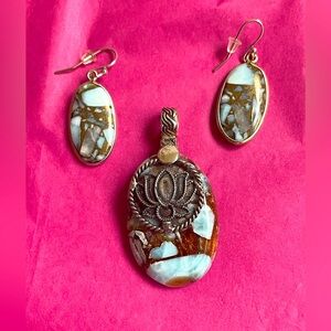 Sterling Silver Copper Larimar Elegant Pendant and Earring Set